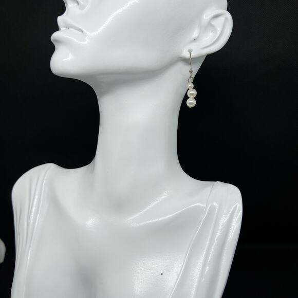 White Pearl Drop Earrings Antique Bronze Hook Three Bead Dangle Classic Design - Picture 1 of 11